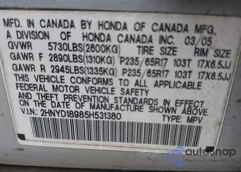 2005 Acura Mdx from USA, damaged, VIN 2HNYD18985H531380